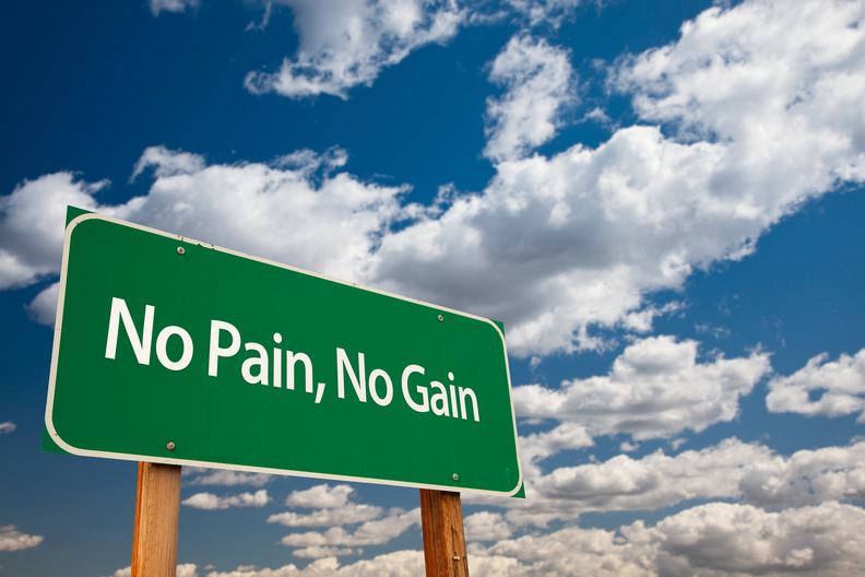 No Pain, No Gain Green Road Sign with Dramatic Clouds and Sky.